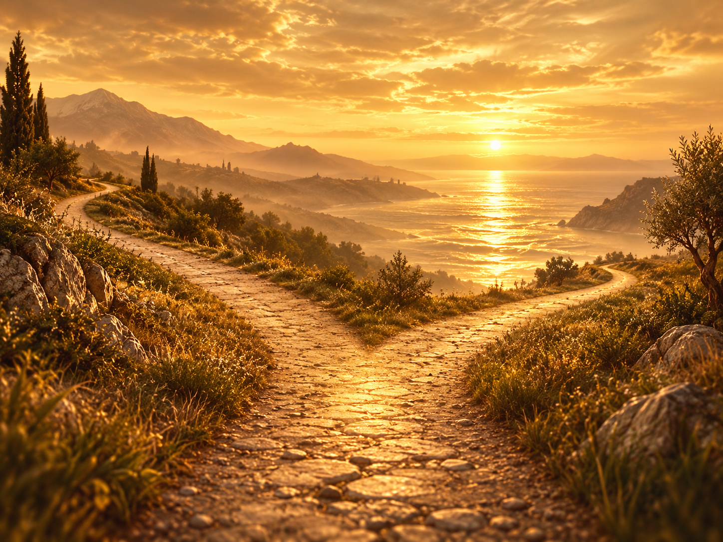 Due sentieri che si separano al tramonto