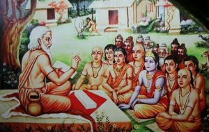 insegna in una classe con Shri Krishna e Balarama