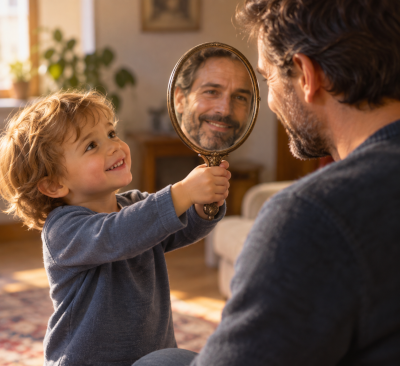 Bambino che mostra uno specchio al padre