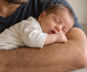 Neonato appoggiato sul braccio di un uomo